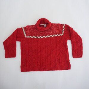 Vintage Liz Claiborne Red Cable Turtleneck Holly Trim Holiday Knit Sweater XL
